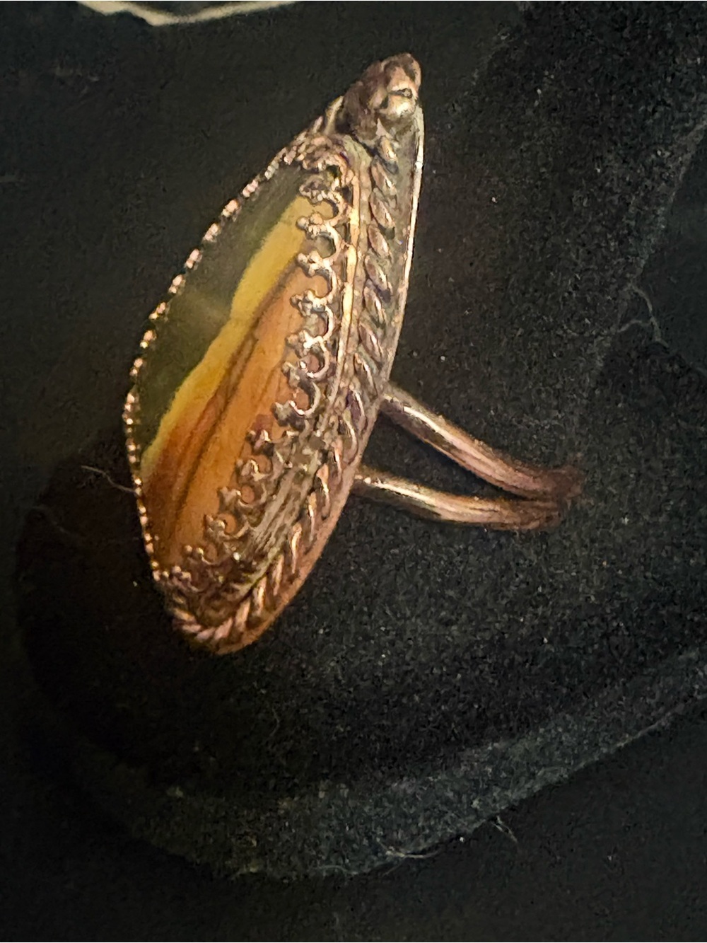 Boho Marquise Montana Agate and Copper Ring in Olive Green and Amber, size 9